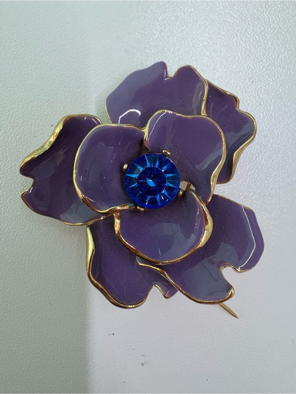 Vintage Purple Flower Brooch with Blue Crystal Center